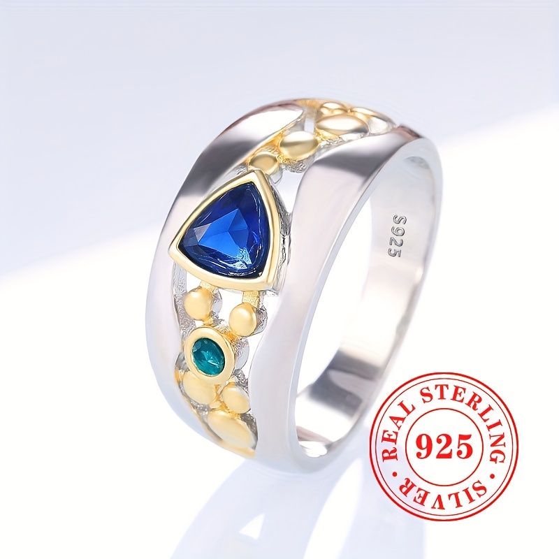 925 Silver Two Ring Triangle Cut Gemstone Vintage Ring